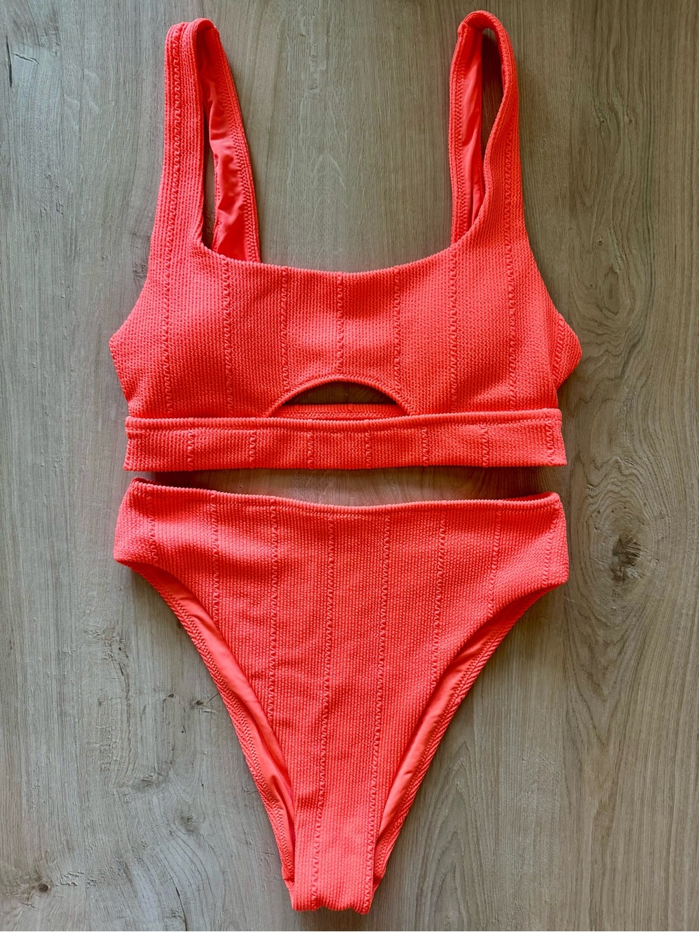 aerie Neon Coral Ribbed Cutout Bikini Set